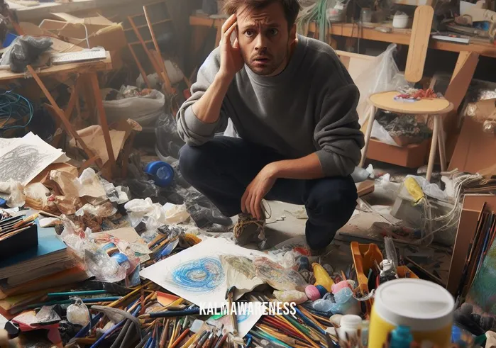 mindful art studio _ Image: A cluttered and chaotic art studio, with art supplies scattered haphazardly, and an artist looking overwhelmed.Image description: A cluttered and chaotic art studio, with art supplies scattered haphazardly, and an artist looking overwhelmed.