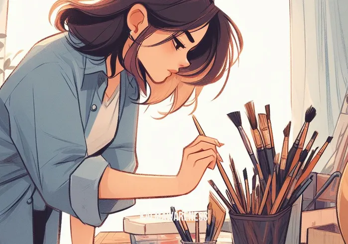 mindful art studio _ Image: The artist beginning to organize their space, putting brushes and paints in order, with a focused and determined expression.Image description: The artist beginning to organize their space, putting brushes and paints in order, with a focused and determined expression.