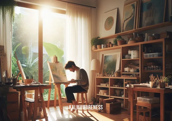 mindful art studio _ Image: A serene and well-organized art studio, bathed in natural light, where the artist peacefully creates mindful art.Image description: A serene and well-organized art studio, bathed in natural light, where the artist peacefully creates mindful art.