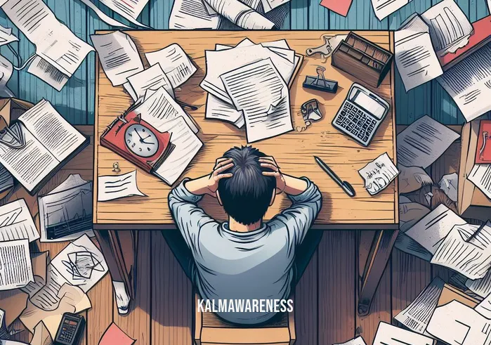 mindful coloring pages _ Image: A cluttered desk with scattered papers and a stressed person sitting amidst the chaos. Image description: A cluttered workspace with scattered papers and a stressed individual trying to focus.