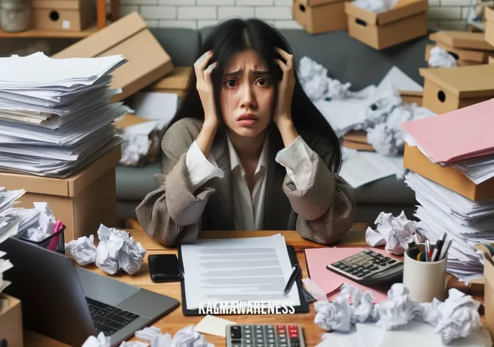 mindful doodle _ Image: A cluttered desk with scattered papers and a stressed person in front. Image description: A messy desk with scattered papers and a person looking overwhelmed.