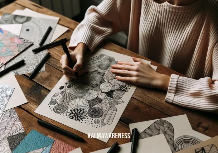 mindful doodle _ Image: The same desk with a person starting to doodle mindfully, creating abstract patterns. Image description: The person begins to doodle on the scattered papers, creating abstract patterns.