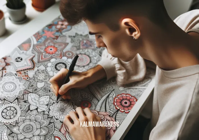 mindful doodle _ Image: The person fully engaged in mindful doodling, surrounded by colorful and intricate designs. Image description: The individual is deeply focused, surrounded by vibrant and intricate doodles.