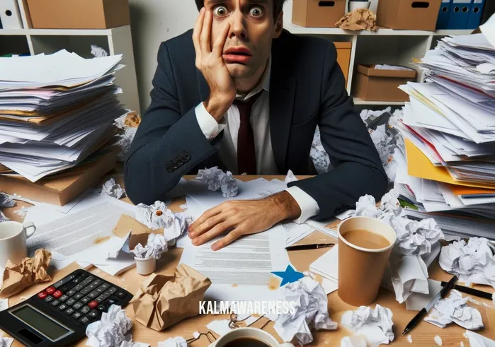 mindful mandala _ Image: A cluttered and chaotic workspace filled with scattered papers and a stressed individual. Image description: A cluttered desk with papers strewn about, a person looking overwhelmed.