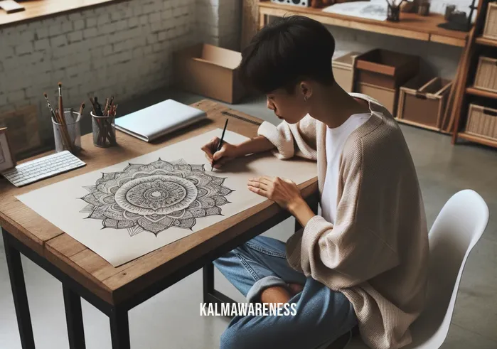 mindful mandala _ Image: The same workspace with the individual now sitting cross-legged, beginning to draw a mandala. Image description: The person has cleared their desk, sits cross-legged, and starts sketching a mandala.