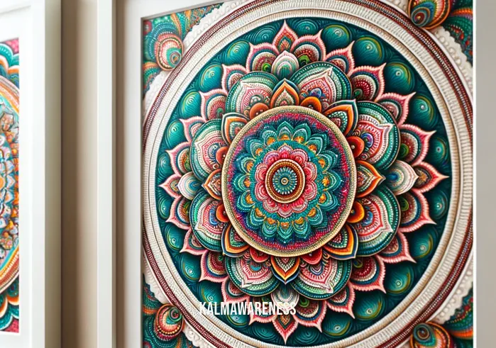 mindful mandala _ Image: The completed mandala now hangs on the wall, bringing a sense of peace to the room. Image description: The finished mandala framed on the wall, radiating calmness and positivity.