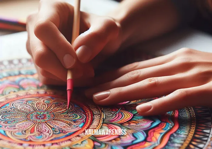 mindful mandalas _ Image: Close-up of hands carefully coloring a mandala with vibrant colors, displaying focus and concentration. Image description: A close-up view of hands meticulously coloring a mandala with vibrant colors, showing intense focus and concentration.