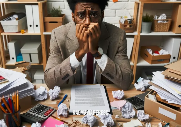 mindful memes _ Image: A cluttered and chaotic workspace with a stressed person surrounded by scattered papers and a disorganized desk.Image description: A person overwhelmed by a messy workspace, struggling to find focus amidst the clutter.