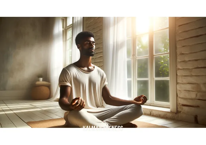 mindful memes _ Image: A serene, sunlit room with large windows, featuring a person seated comfortably on a meditation cushion, eyes closed, and a peaceful expression.Image description: The same person now sits in a calm and organized space, meditating peacefully, finding inner peace amidst the serene environment.