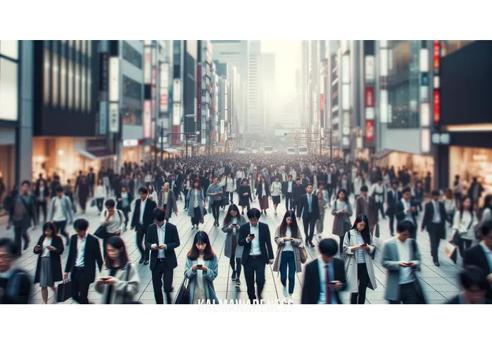 mindful memes _ Image: A crowded, noisy street with people rushing in all directions, looking stressed and preoccupied with their smartphones.Image description: A bustling urban scene, illustrating the chaos and distractions of daily life.