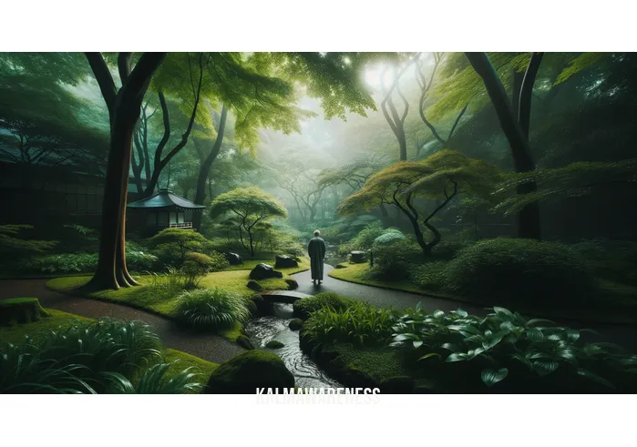 mindful memes _ Image: A tranquil park with a person practicing mindful walking, surrounded by lush greenery and a gentle stream.Image description: The same individual has found solace in nature, engaging in mindful walking amidst the peaceful park.