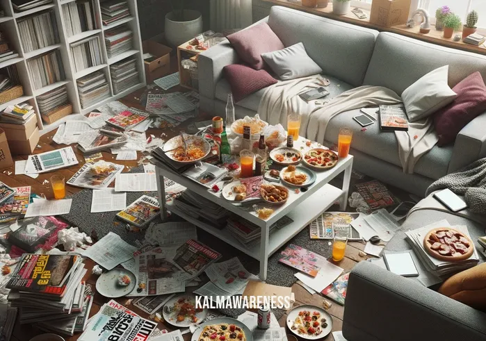 mundane magazine _ Image: A cluttered living room with scattered magazines, dirty dishes, and disorganized papers.Image description: A chaotic living space filled with clutter, a clear depiction of disorganization and neglect.