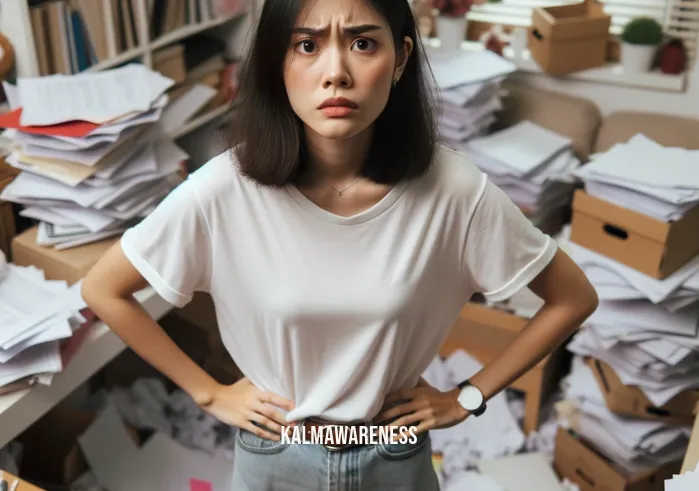 mundane magazine _ Image: A frustrated person staring at the messy room, hands on hips, looking overwhelmed.Image description: A person standing in the cluttered room, visibly frustrated and overwhelmed by the mess.