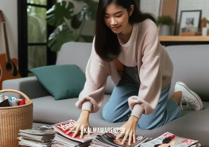 mundane magazine _ Image: The same person starting to tidy up, picking up magazines and putting them in a stack.Image description: The individual now taking action, beginning to tidy up by collecting scattered magazines and organizing them in a neat stack.