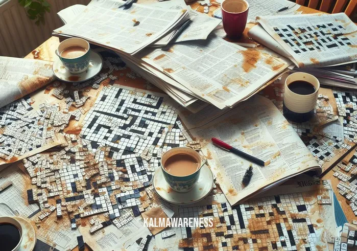 nourished crossword _ Image: A cluttered kitchen table covered in half-finished crossword puzzles, coffee stains, and scattered crossword books. Image description: A messy scene of frustration as incomplete crossword puzzles lay abandoned amidst scattered papers and coffee cups.