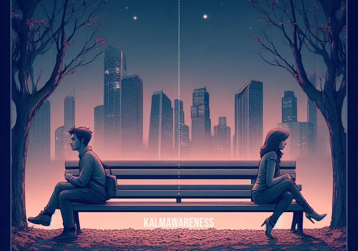 open heart poetry _ Image: A park bench with two people sitting on opposite ends, avoiding eye contact, lost in their own thoughts.Image description: Distance between hearts: Two souls estranged, lost in their worlds, yearning for connection.