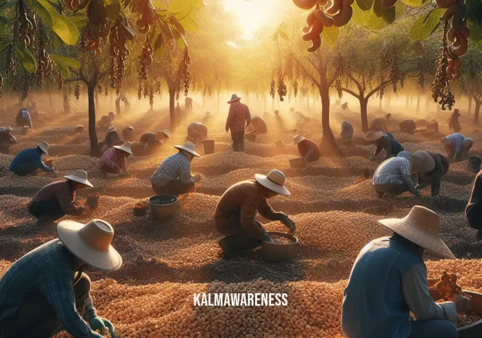 raw cashew with mindful grey and olive leaf _ Image: A bustling cashew farm with workers harvesting raw cashews under the scorching sun. Image description: Farmers in wide-brimmed hats and gloves, carefully plucking cashews from trees.