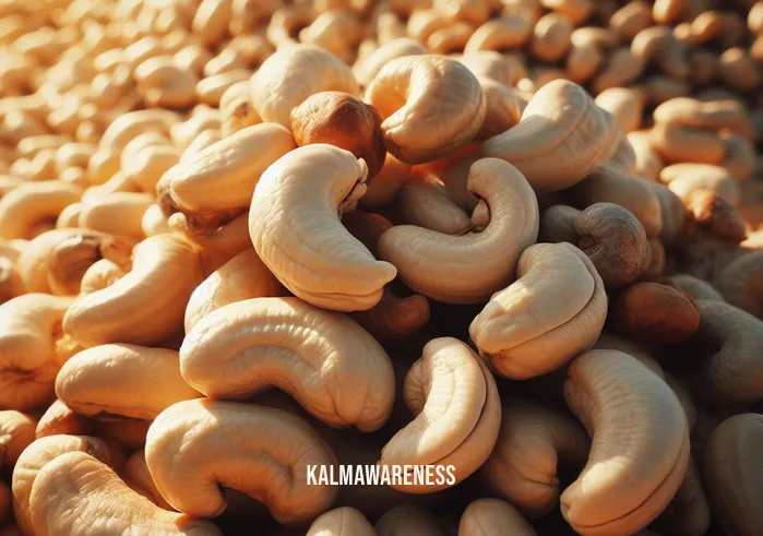 raw cashew with mindful grey and olive leaf _ Image: A close-up of a pile of harvested raw cashews, showcasing their ivory shells and rich kernels. Image description: The cashews, still in their protective shells, gleam in the golden sunlight.