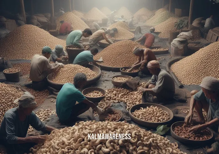 raw cashew with mindful grey and olive leaf _ Image: Workers in a rustic processing facility, sorting and cleaning the harvested cashews. Image description: Diligent hands at work, separating the raw cashews from leaves and debris.