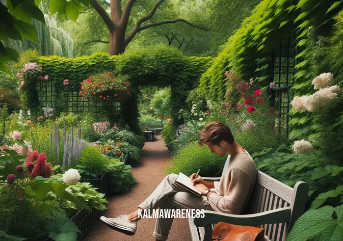 sensory writing prompts _ Image: A serene park bench with the writer taking notes, surrounded by nature