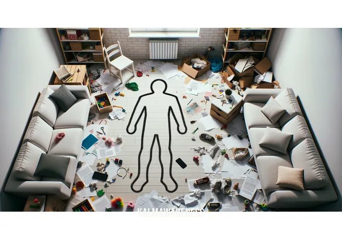 simple human outline _ Image: A simple human outline stands alone amidst a cluttered and chaotic environment, symbolizing the feeling of overwhelm and disarray.Image description: In a cluttered room filled with scattered papers, toys, and disorganized furniture, a basic human outline is drawn on the floor, highlighting the chaos around it.