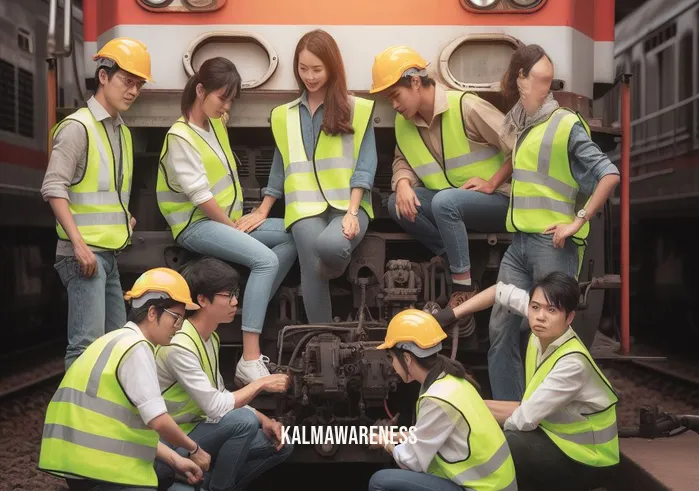 simple train outline _ Image: A team of skilled railway workers in fluorescent vests working together to fix the train. Image description: Dedicated workers surrounding the train, diligently repairing the engine, exemplifying teamwork and expertise.
