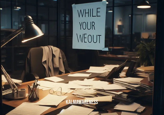 while you were out clip art _ Image: An empty office desk cluttered with papers and a "While You Were Out" note. Image description: A messy desk in a dimly lit office, papers scattered, and a "While You Were Out" note prominently displayed.