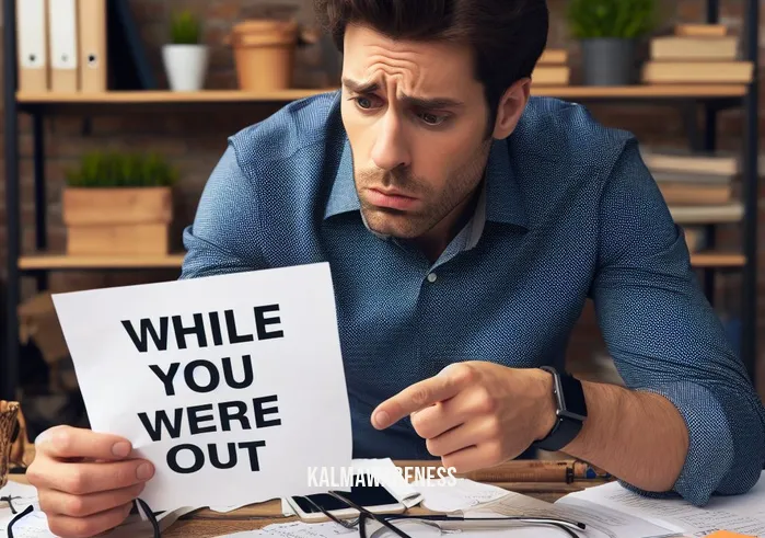 while you were out clip art _ Image: A concerned colleague looking at the "While You Were Out" note. Image description: A colleague with a worried expression examining the "While You Were Out" note on the cluttered desk.