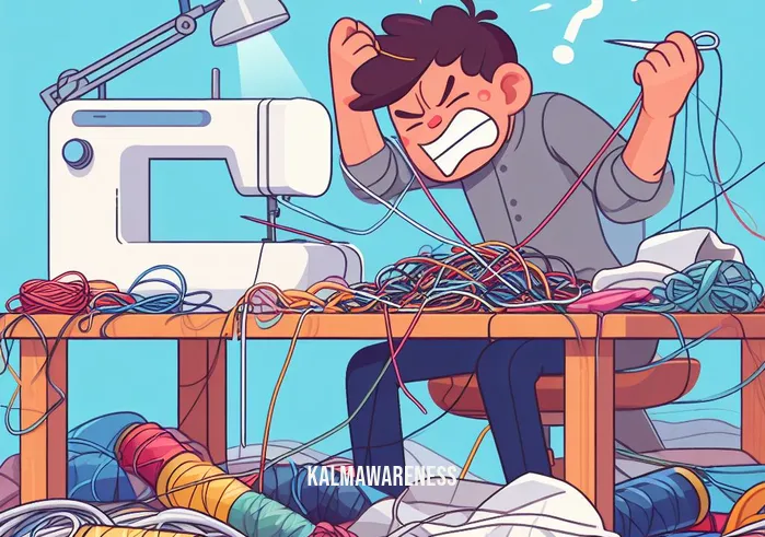why is sewing so hard _ Image: A cluttered sewing table with tangled threads and a frustrated person trying to thread a needle. Image description: A messy sewing workspace with jumbled threads and a person struggling to thread a needle.