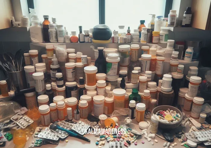funny medication reminder _ Image: A cluttered kitchen counter with pill bottles scattered about. Image description: A messy kitchen counter with various pill bottles and medication containers haphazardly strewn across it.