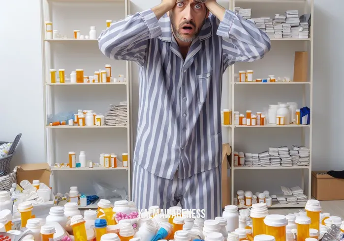 funny medication reminder _ Image: A disheveled man in pajamas looking confused amidst the chaos of pill bottles. Image description: A disheveled man in pajamas stands amidst the chaos of pill bottles, looking confused and overwhelmed.