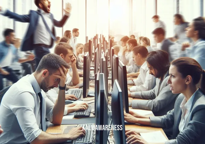 mindfulness humor _ Image: A bustling office with people frantically typing on their computers. Image description: In a busy office, employees look stressed and overwhelmed.