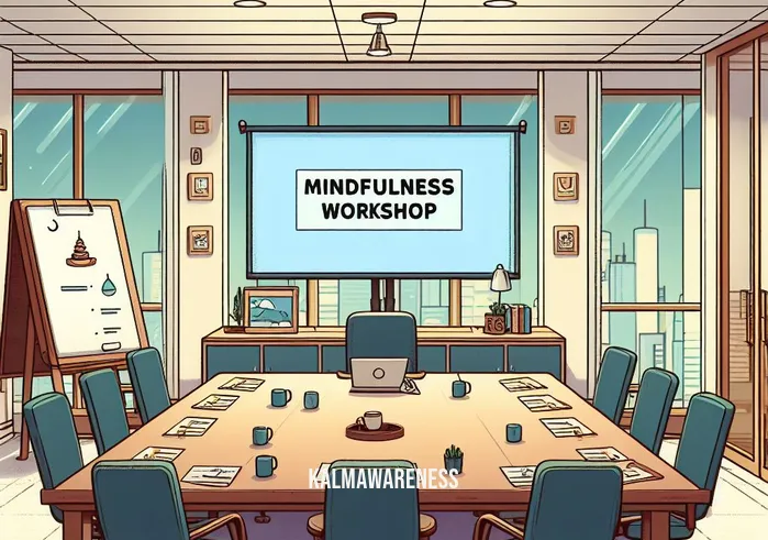 mindfulness humor _ Image: A conference room with a sign that reads "Mindfulness Workshop." Image description: The same office, now with a conference room prepared for a mindfulness workshop.
