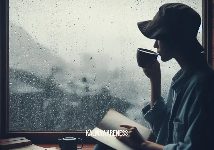make up stories in your head _ Image: The writer takes a break, sipping coffee while gazing out of a rain-streaked window.Image description: Raindrops trickling down the windowpane, the writer lost in thought, seeking inspiration from the gray skies.