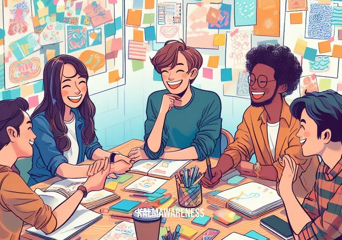 make up stories in your head _ Image: A brainstorming session with friends, sitting around a table covered in colorful sticky notes and sketchbooks.Image description: Smiles and animated discussions as the writer and friends collaborate to overcome the creative block.