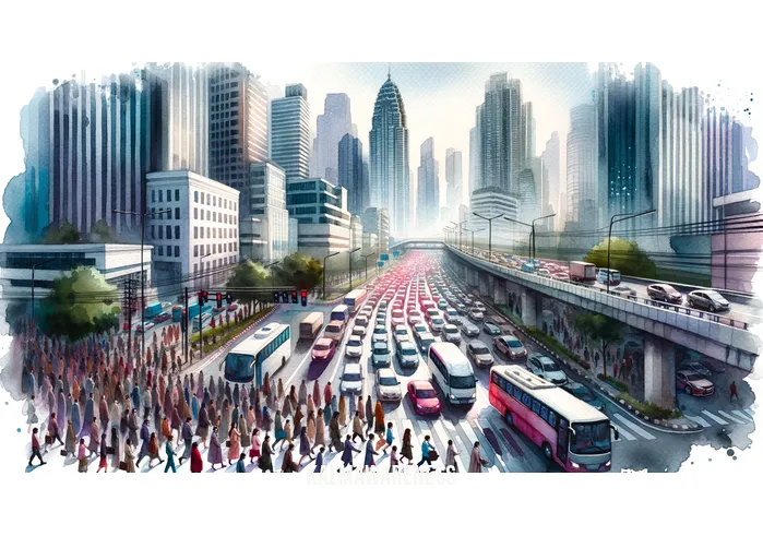 complete the phrase lost in _ Image: A crowded city street during rush hour. Image description: Commuters hurriedly walking amidst a sea of traffic and skyscrapers.