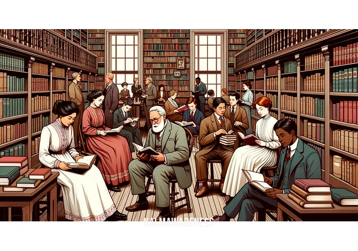 complete the phrase lost in _ Image: A diverse group of people in a library, engrossed in books. Image description: A library filled with individuals researching and searching for answers.