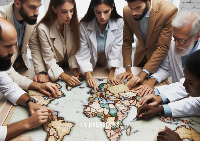 complete the phrase lost in _ Image: A team of experts gathered around a table covered with maps. Image description: A group of specialists analyzing maps and strategizing a solution.