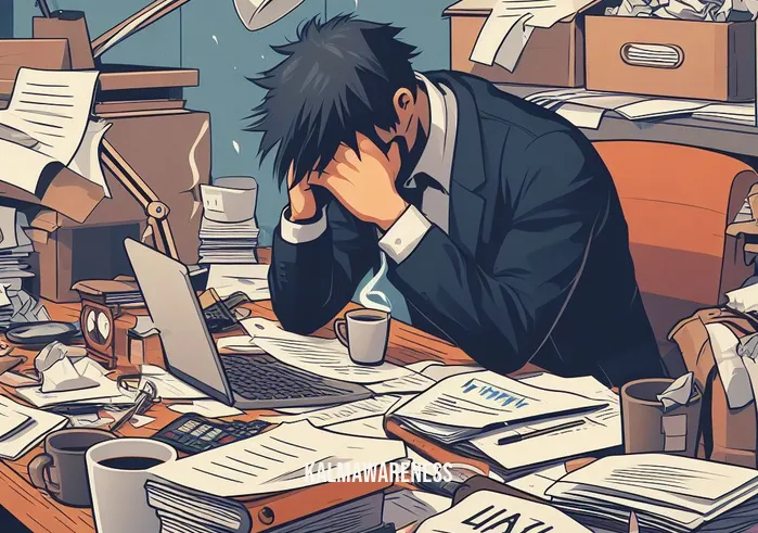crstories in your head _ Image: A cluttered and chaotic office desk with papers, coffee cups, and a stressed-looking person hunched over it.Image description: A disorganized desk covered in scattered papers and half-empty coffee cups, a person in business attire looks overwhelmed.