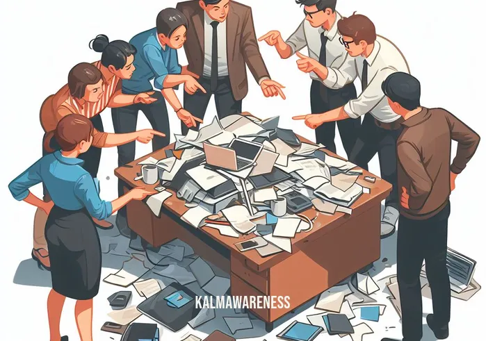 crstories in your head _ Image: A group of coworkers gathered around the cluttered desk, engaged in an animated discussion, pointing at the mess.Image description: Coworkers huddle around the messy desk, gesturing and discussing the disarray, suggesting a shared concern.