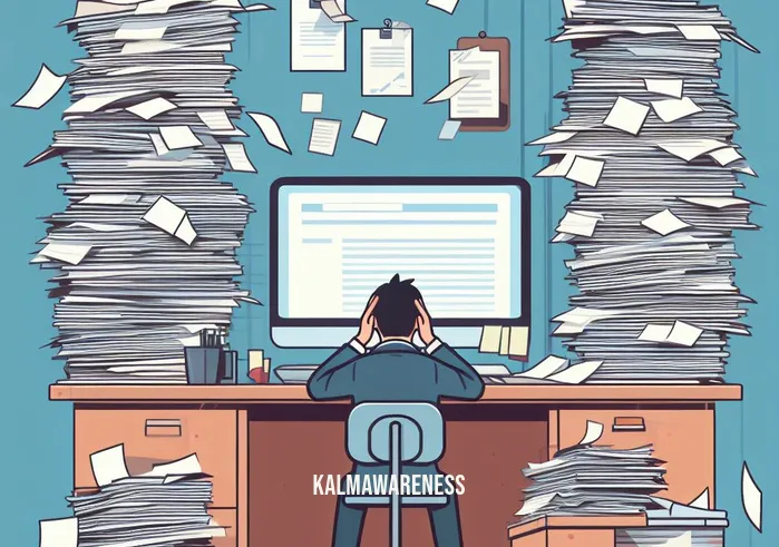 begin the rest is easy _ Image: A cluttered office desk with stacks of papers, a disorganized computer screen, and a stressed-looking person in front. Image description: The initial problem - an overwhelmed workspace with piles of work and a overwhelmed individual.