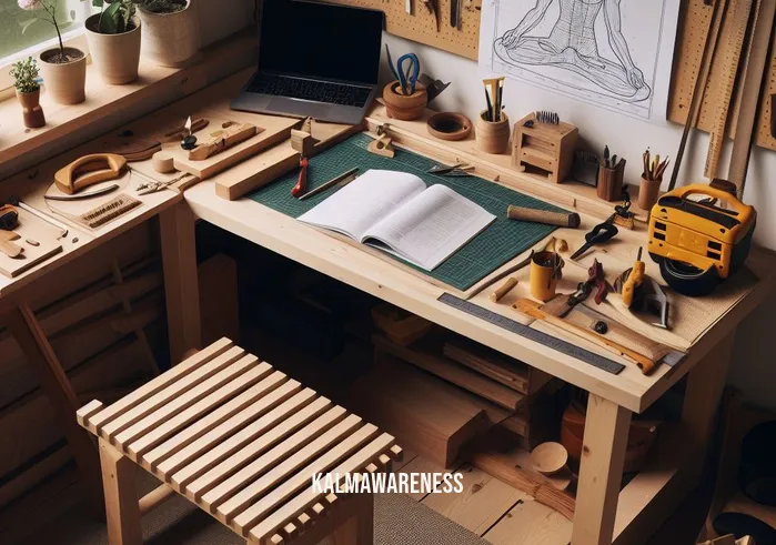 diy meditation bench _ Image: A DIY workspace with tools, wood, and a blueprint for a meditation bench.Image description: Workstation equipped with tools, wood, and a meditation bench blueprint.