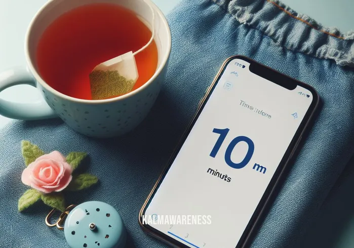 10 minute meditation timer _ Image: A timer on a smartphone screen showing 10 minutes counting down, placed next to a cup of herbal tea.Image description: A timer set for a 10-minute meditation session, accompanied by a soothing cup of tea.