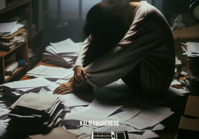 20 minute meditation timer _ Image: A cluttered desk with scattered papers and a stressed individual in a dimly lit room, surrounded by the chaos of work and life.Image description: A person sits hunched over a messy desk, their face tense and filled with anxiety. The room is disorganized, and the atmosphere feels overwhelming.