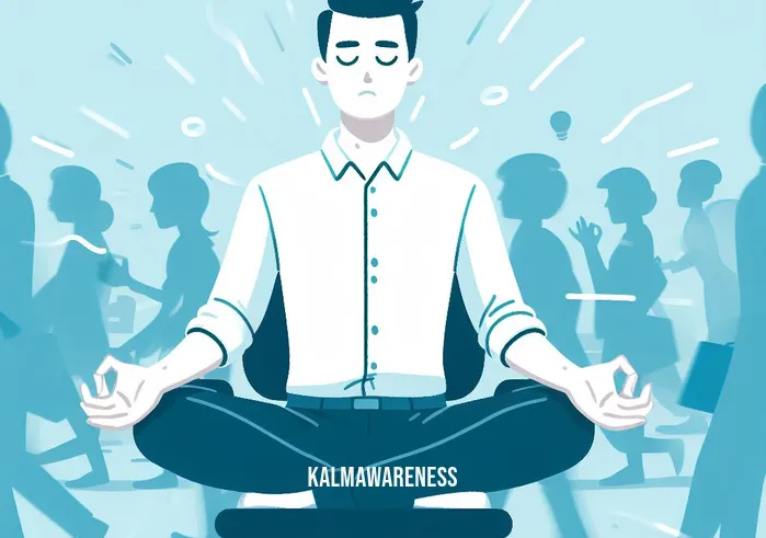 5 minute meditation bell _ Image: A person sitting cross-legged on the office chair, eyes closed, as they attempt to meditate amidst the noisy surroundings.Image description: Amid the office hubbub, a person sits cross-legged on their chair, eyes gently closed, attempting to find a moment of tranquility through meditation.