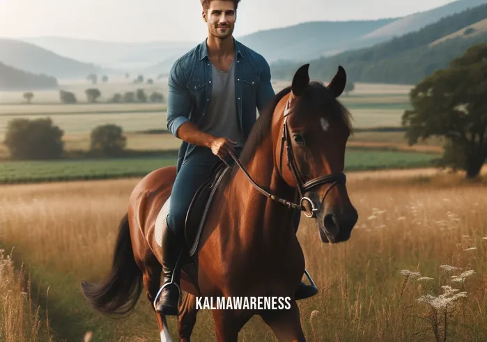 riding is an exercise of the mind _ Image: The rider confidently takes control of the horse, riding independently in an open field. Image description: With a relaxed posture and a smile on their face, the rider confidently guides the horse forward, enjoying the freedom of the open space.