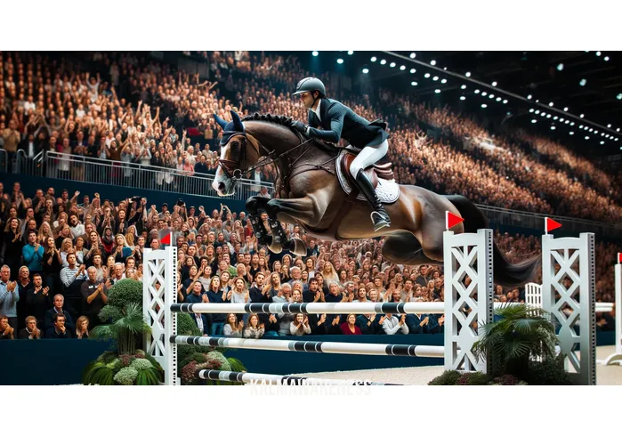 riding is an exercise of the mind _ Image: The rider and horse successfully navigate a series of jumps in a show jumping competition. Image description: In the midst of a show jumping course, the rider and horse are in perfect sync, gracefully clearing a tall hurdle, earning cheers from the spectators.
