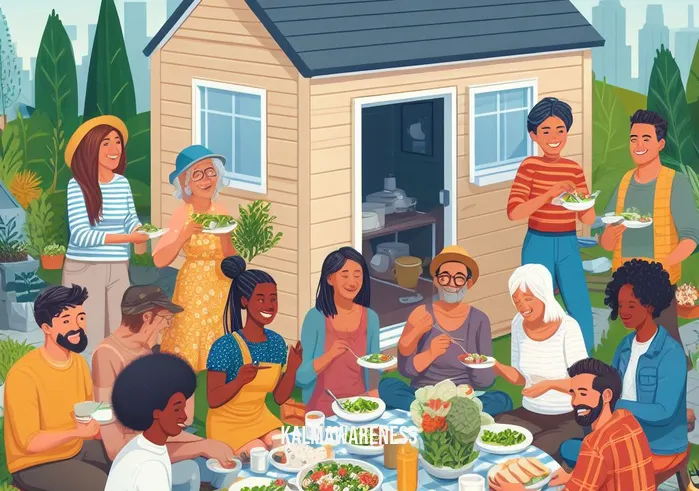 tiny house infographic _ Image: A diverse community of people gathered around a tiny house, smiling and sharing a meal.Image description: A heartwarming scene of people from different backgrounds enjoying a communal meal outside a tiny house, fostering a sense of community and togetherness.