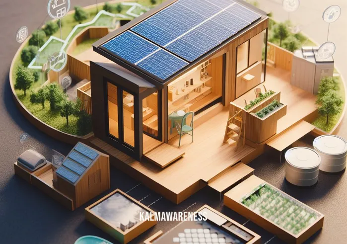 tiny house infographic _ Image: A set of eco-friendly features incorporated into the tiny house, such as solar panels and rainwater harvesting.Image description: A close-up view of the tiny house showcasing its sustainable features like solar panels on the roof and rainwater harvesting system, promoting eco-conscious living.