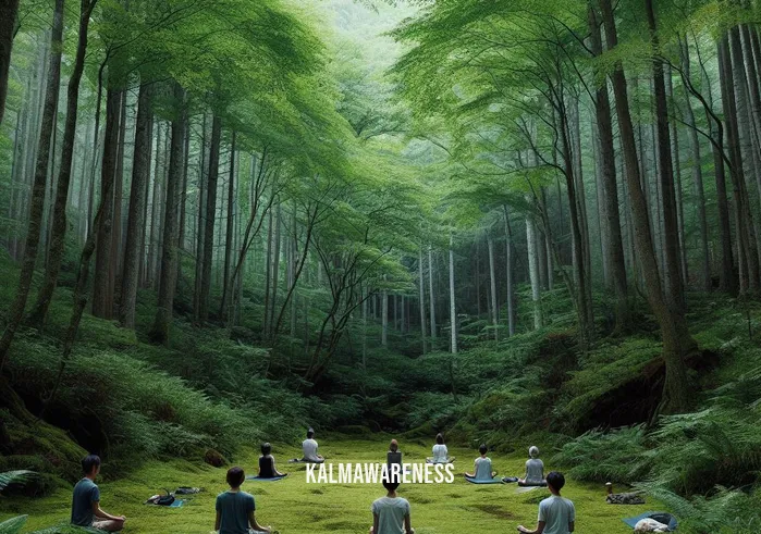 earth day mindfulness activities _ Image: A serene, partially forested area where a small group practices yoga and meditation, their eyes closed, connecting with the Earth.Image description: A tranquil, semi-forested location with a small group of people practicing yoga and meditation. Their eyes are closed as they connect deeply with the Earth.